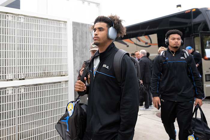 UCLA Bruins quarterback Dante Moore arrives at Reser Stadium for a game against the Oregon State Beavers.